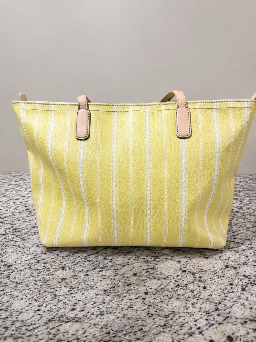 COACH Legacy Weekend Ticking Stripe Large Tote Bag Yellow Ivory Zip Beach 23108